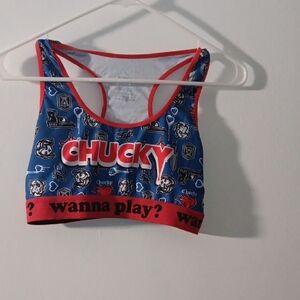 Chucky Graphic Blue & Red Crop Sports Bra - Licensed Print
